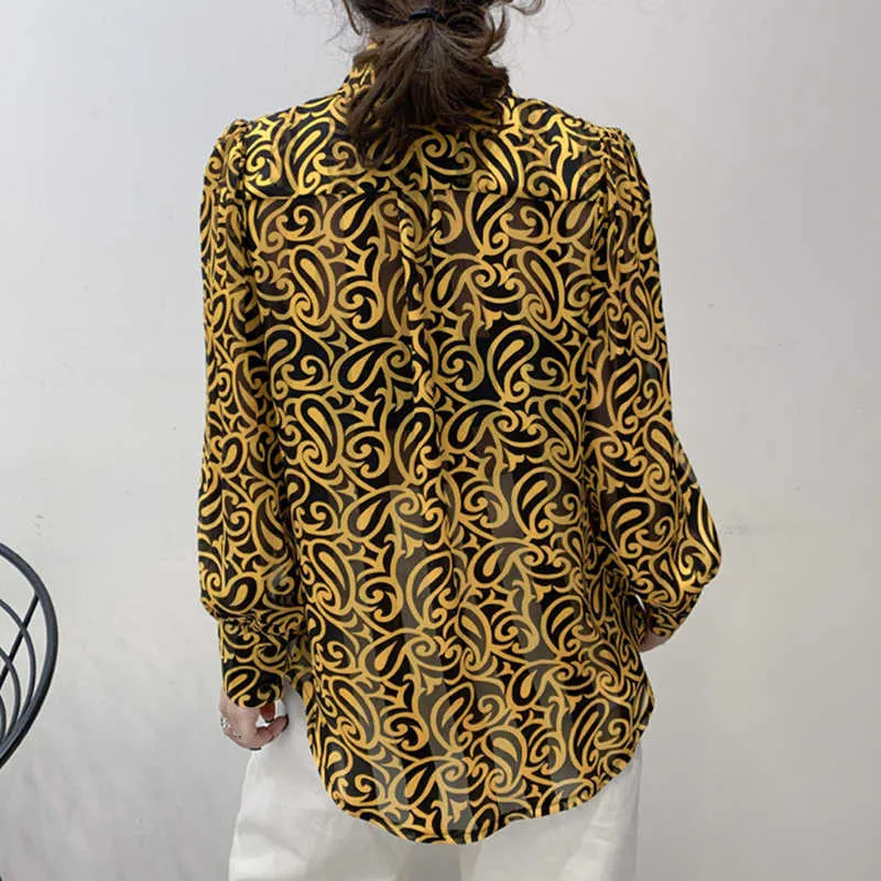 아마도 U 여성 시폰 골드 기하학적 인 인쇄 셔츠 빈티지 느슨한 긴 셀리 턴 다운 칼라 블라우스 셔츠 탑 B3057 210529