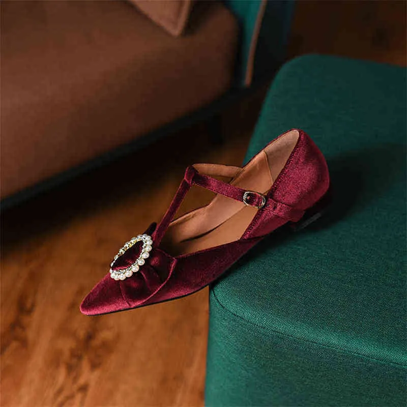 Zapatos planos de cuero con cinturón en T para mujer Top estrecho con lazo Vino rojo y negro Primavera 220209