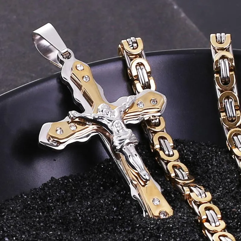 Cadenas Joyería Bizantina Oro y Plata Acero Inoxidable Cristo Jesús Cruz Colgante Collar Cadena Moda Cool298L