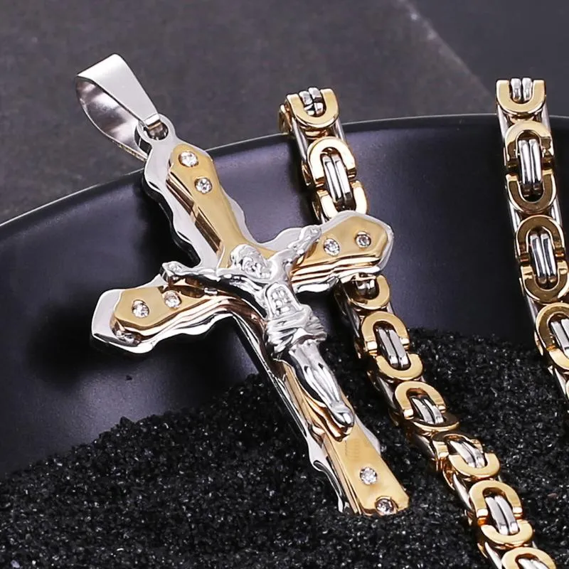 Ketten Schmuck Herren Byzantinisches Gold und Silber Edelstahl Christus Jesus Kreuz Anhänger Halskette Kette Mode Cool277P