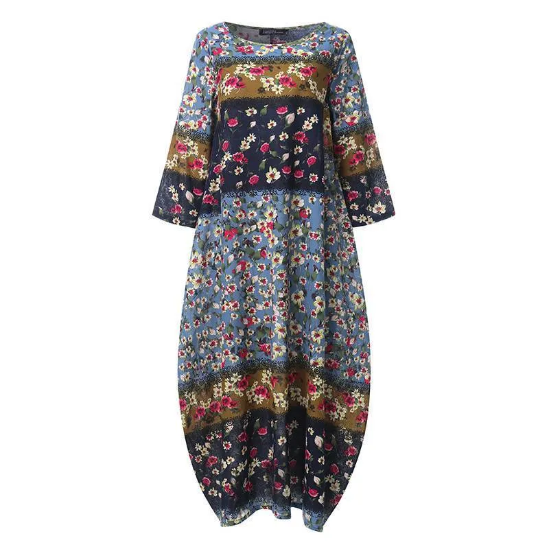 Boho Printed Maxi Dress Vintage Casual Cotton Linen Dress Women Vestidos Patchwork Robe Plus Size S-5XL Loose Pocket Long Dress Y0118