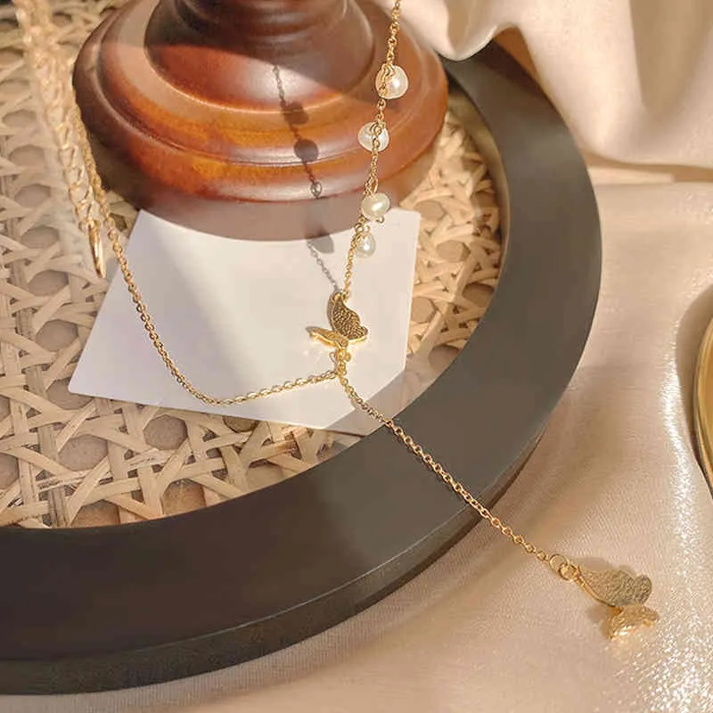 Collana con pendente a catena di perle a forma di farfalla in oro reale 14K di moda le donne Temperamento Design di gioielli di alta qualità In regalo