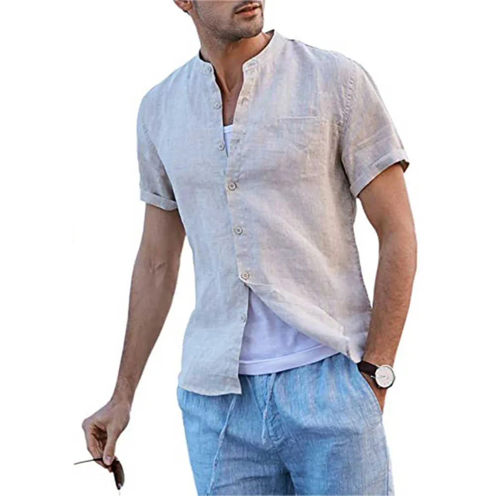 Men Shirts Cotton Linen Button Down Stand-Up Collar Summer Short Sleeve Loose Blouse Plain Over sized Shirt with Pocket 5XL 210721