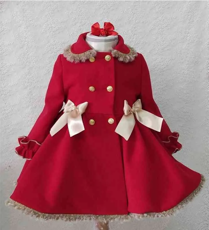 1-12Y Baby Girl Autumn Winter Handmand Customized Palace England Spanish Red Princess Wool Coat for Christmas Casual G1218