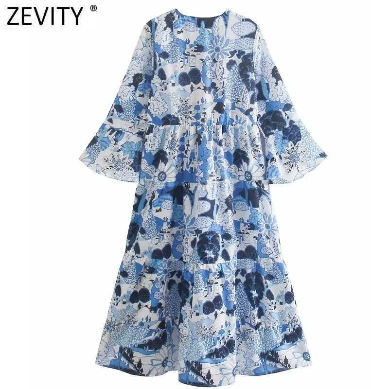 Zevidade Mulheres Vintage Vintage V Pescoço Cópia Floral Praça Casual Midi Vestido Feminino Chique Borboleta Manga Cintura Alta Partido Vestidos DS8179 210603