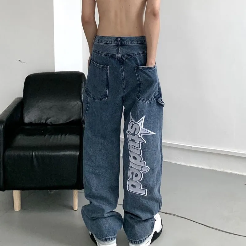 Autumn streetwear retro hip-hop letter embroidery jeans loose straight-leg pants wide-leg for men and women couples 220308271G