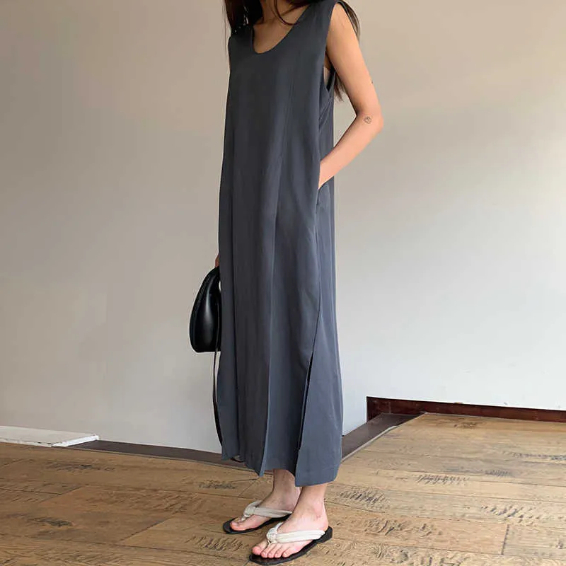 Korejpaa Women Dress Summer Korean Chic Minimalist Temperament Thin V-Neck Pockets Loose Flowing Hem Slit Vest Vestidos 210526