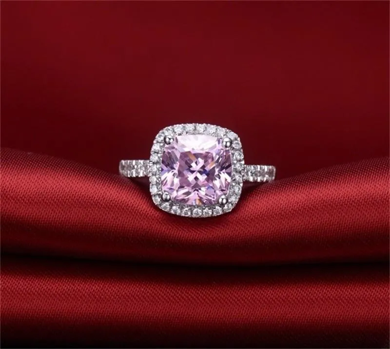 Prinsessan 2 karat simulering diamant ringar Kvinna 925 Silver Smycken Bröllop Ring Square Vit / Gul / Rosa Zircon Ädelsten Ringar R688