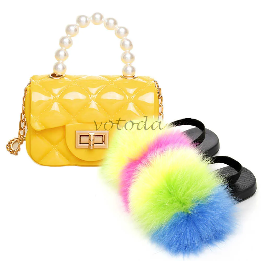 Mädchen Pelz Hausschuhe FullFy Ry Slides Kind Regenbogen Gelee Taschen Perlenkette Handtasche Kleinkind Kinder Niedliche Schuhe Tasche Set 210712