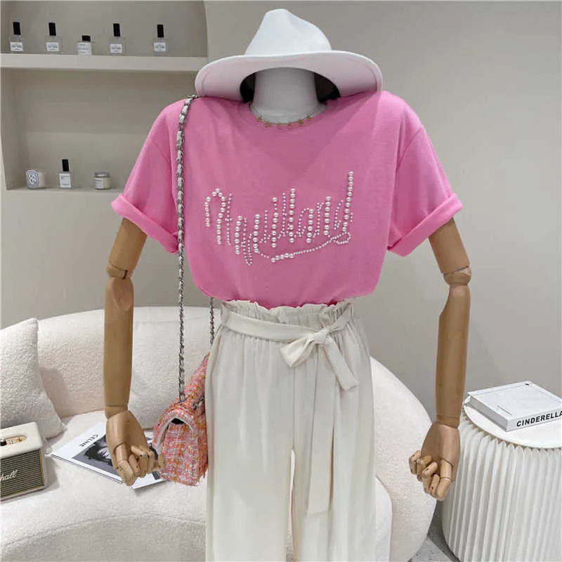 2021 Frühlings- und Sommer-Frauen-lose große große Baumwoll-runder Halsbuchstabe schwere Perlen Halbschlauch T-Shirt Top-Shirts für Frauen Y0621