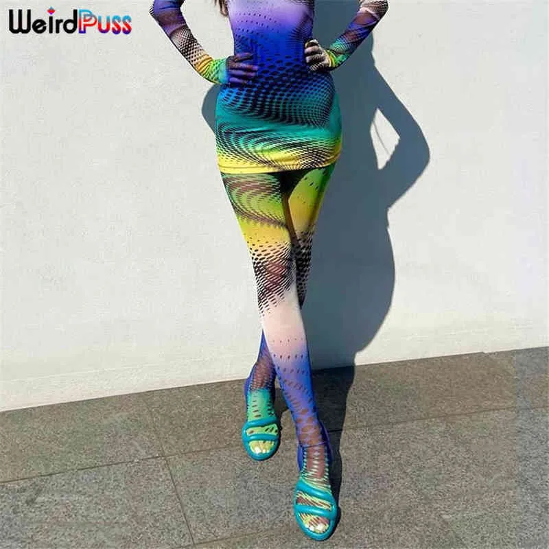 Weird Puss Tie Dye Print Mesh Fuß Leggings Frauen Stretch Körperformung Sportliche Hosen Mode Casual Streetwear Ästhetische Hosen 211204