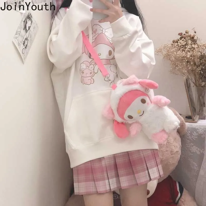 Joinyouth Harajuku Kawaii Bluza z kapturem Kobiety Lolita Streetwear White Pink Tops Loose Fleece Pullover Cute Odzież 210809