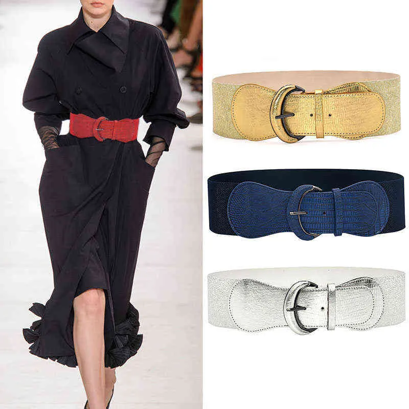 Moda prata azul ouro mulheres larga cintura elástica cinto cinto acessórios estiramento elástico largo espartilho espartilho cintura de metal fivela g220301