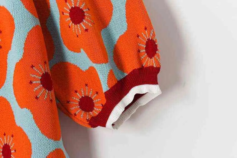Lato Lapel Color Contrast Flower Jacquard Rękaw Puff Sleeve Knit Cropped Top Kobiety Chic Kwiat Przycisk Cienki Sweter 211103