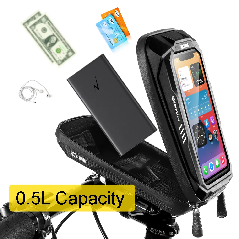 New arrival WILD MAN Bicycle Head Tube Cycling Bike Handlebar Cell Mobile Phone Bag Case Holder Screen Phone Mount Bags Case For 6.9in