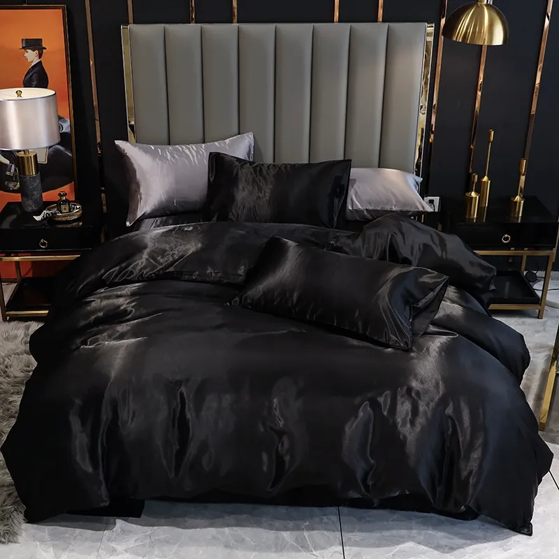 Lyxig konstgjorda Silk Satin Bedding Set Solida Duvet Cover Pillowcases Sängkläder Singel Double Queen King 220x240 Nej Lakan