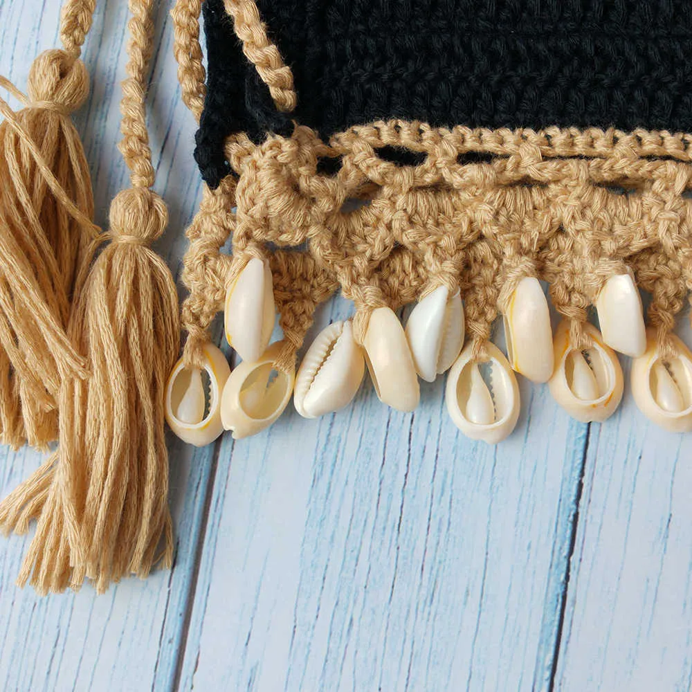 3ピースビキニセット女性かぎ針編み貝のタッセルトップと貝殻アンクルチェーンセクシーなビーチスカートレーススリムミニ210621