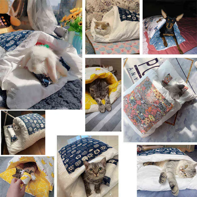 Kawaii Removable Cats Bed House Home Supplies Produkter för Vuxen Stor Djur Hundkattens grotta Bekväm mat Gullig 211111