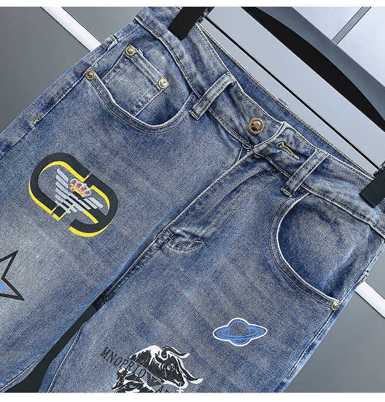 Marka Mężczyźni Dżinsy Slim Denim Spodnie Moda List Drukowane Stretch Niebieski Spodnie Kostki Długość Casual Slim Fit Street Weź Dżinsy 210527