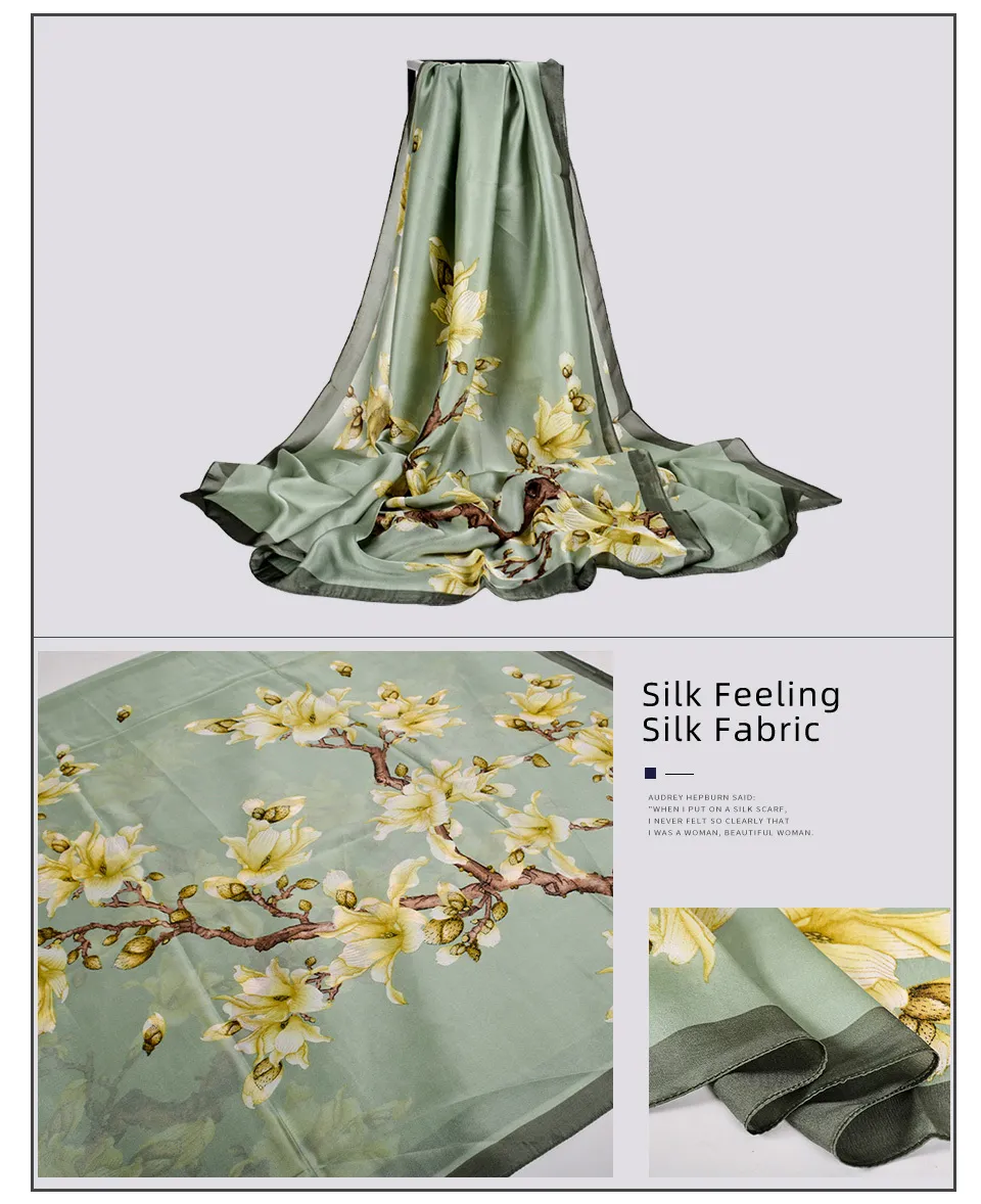 [Bysifa] ljusgröna kvinnor silke halsduk kinesisk stil magnolia design elegant damer lång vår höst halsdukar sjalar