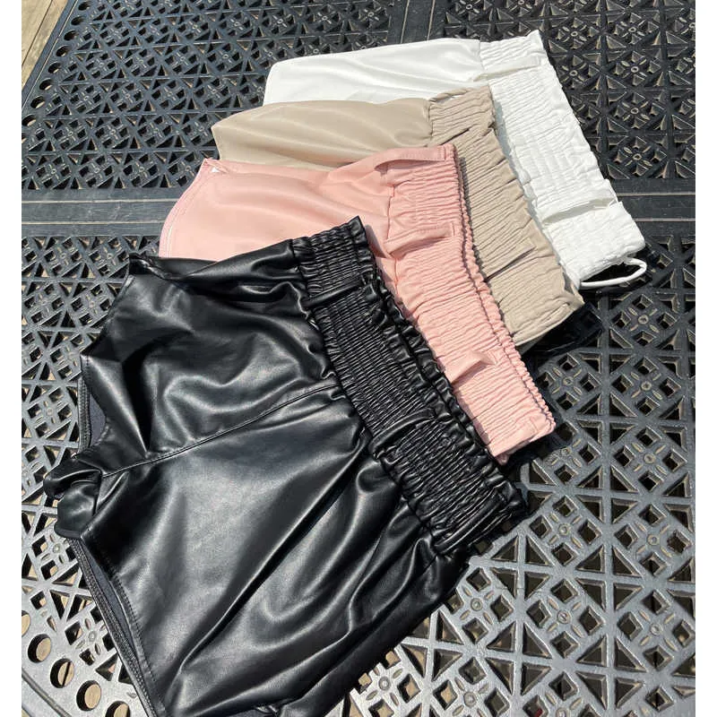 Elastic High Waist White PU Shorts Women Loose Faux Leather Runner Summer Streetwear Sexy Wide Leg For 210719