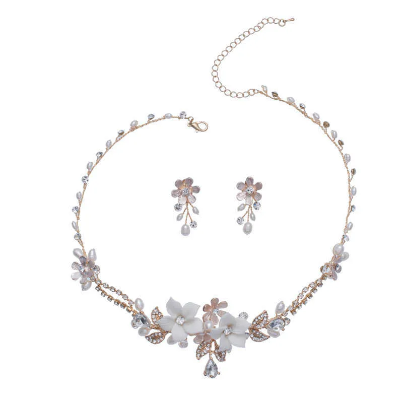 Delicate Floral Bridal Necklace with Earrings Freshwater Pearls Women Jewelrys Handmade Wedding Prom Jewelry Set H1022