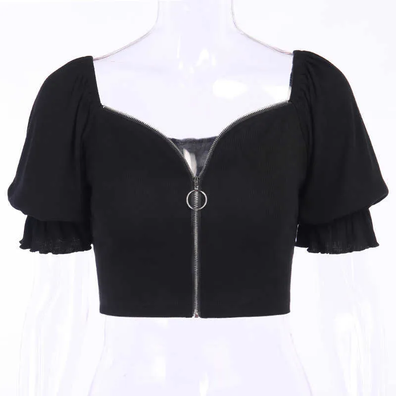 Black Dark Goth Woman Sexy T-shirt 2021 Lady Open Stitch Square Collar Zipper Puff Sleeve Hipster Tshirt Gothic Punk Short Top X0628