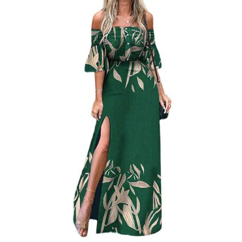 Frauen Maxi Kleid 2021 Off Schulter Floral Print Maxi Kleid Elegante Hohe Split Geraffte Tasten Frauen Kleid Sommerkleid Y1006