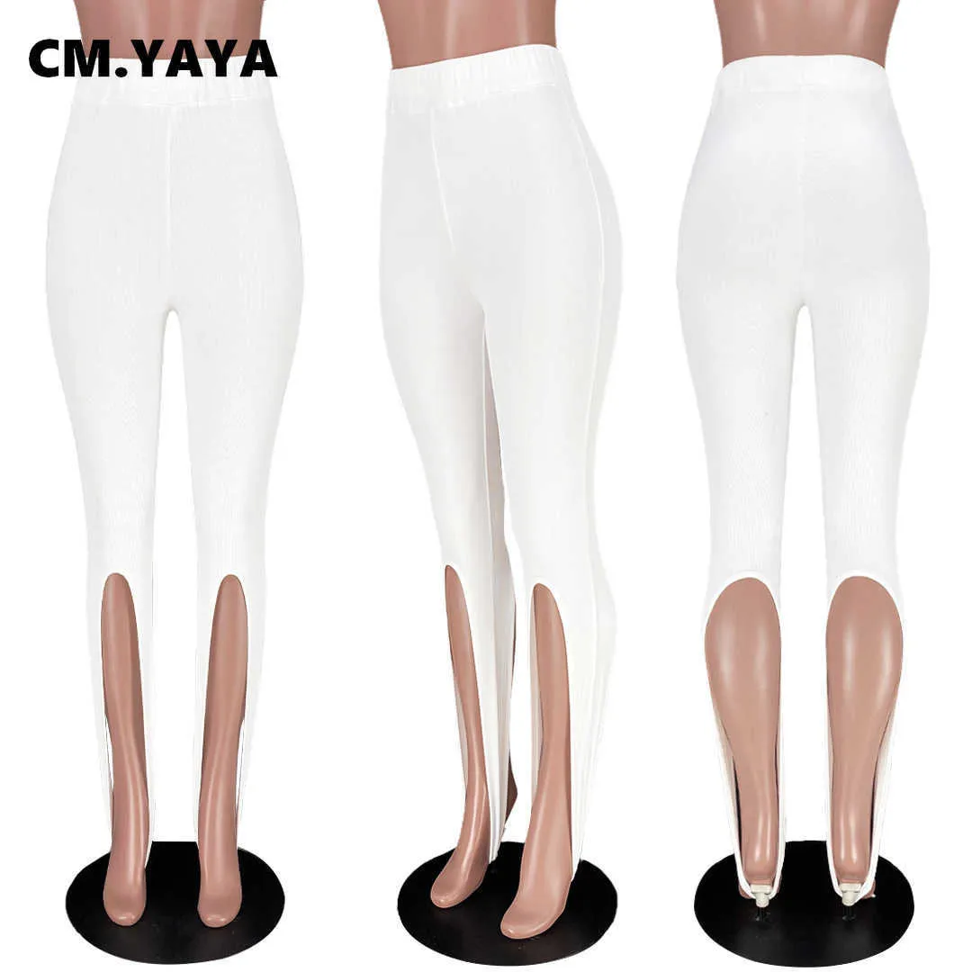 CM.YAYA Mulheres Malha Sólida Alta Slit Legging Calças Streetwear Partido Cintura Alta Calças 210706