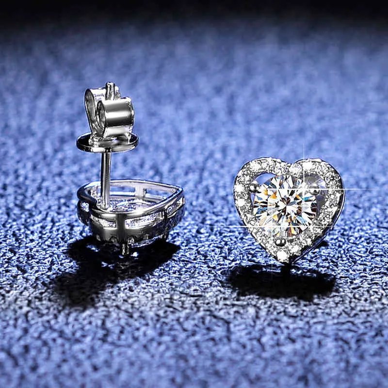 Insgesamt 1 Karat Diamant im exzellenten Schliff, Test bestanden, D-Farbe, Herz-Moissanit-Ohrstecker, Silber 925, Schmuck, weibliches Geschenk