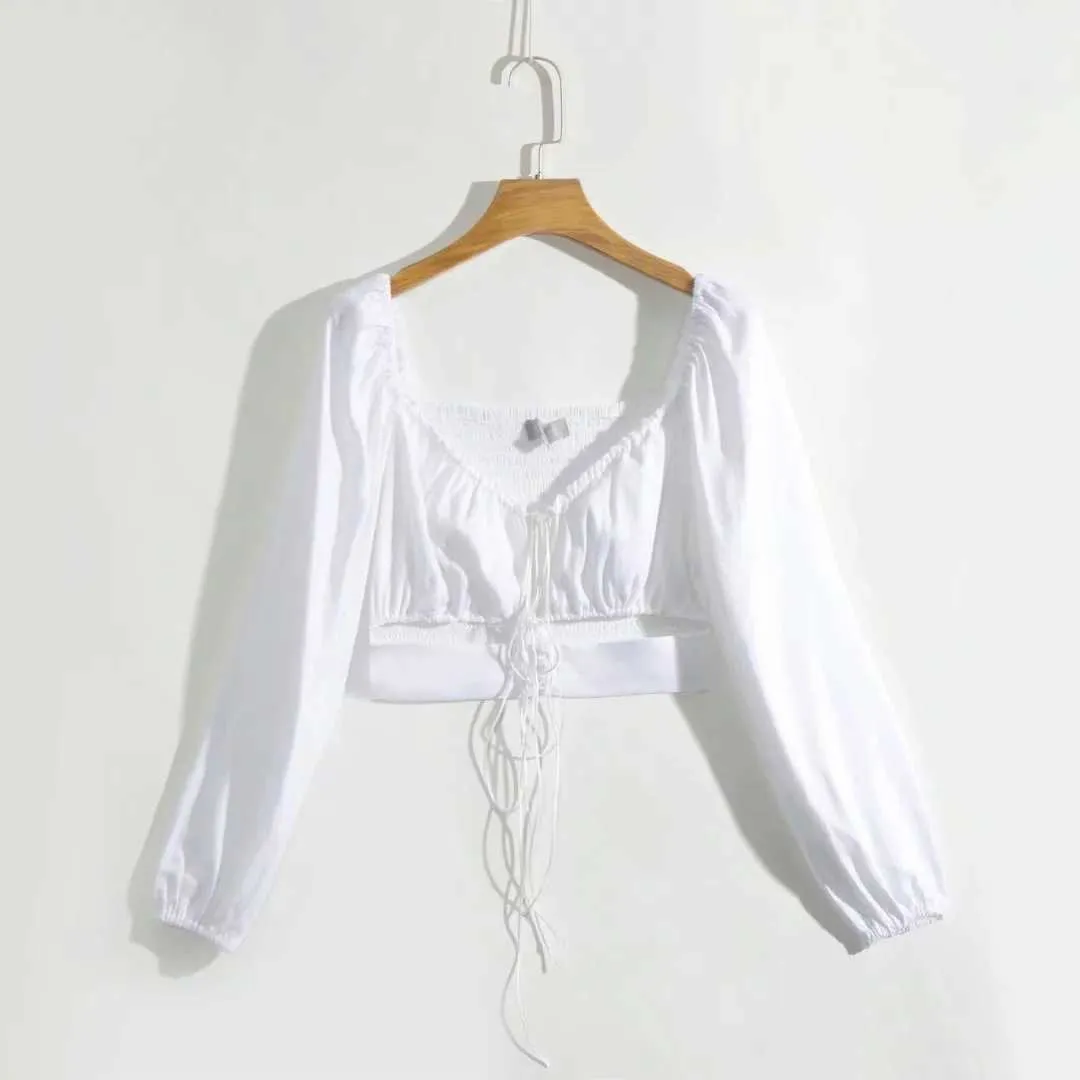 Solidna pełna szyja Otwarta pępowina Pambiliczna sznurka Koszulka Casual Women Tops 210615