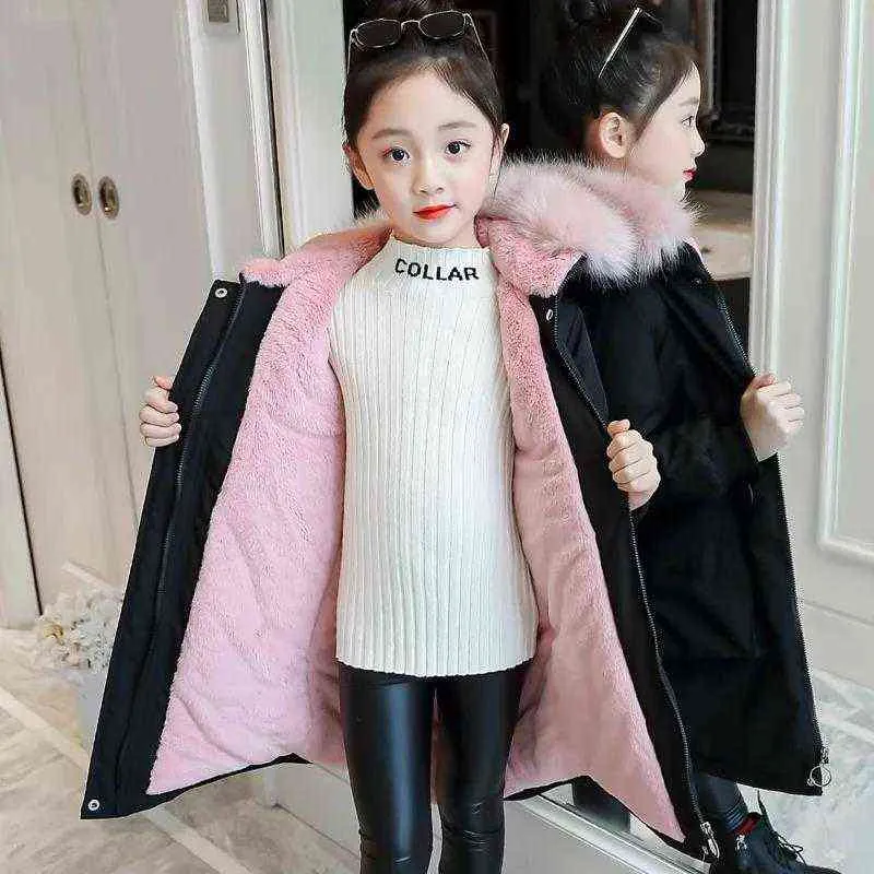 Дети зимняя куртка мода девушка одежда детская одежда Parka Faux шуба пальто с капюшоном с капюшоном с капюшоном, с капюшоном Snowsuit Teen густая бархатная верхняя одежда 211222