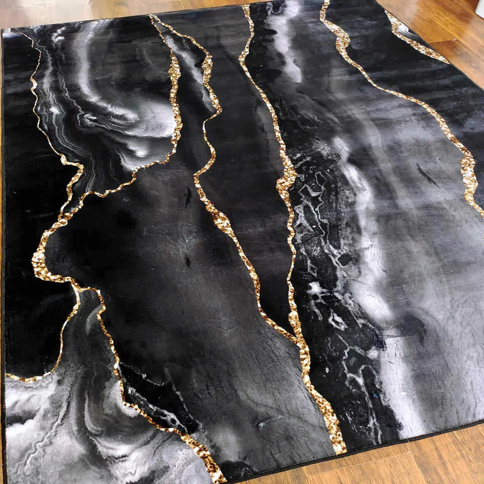 Luxury Black Gray Marble Carpet With Gold Line For Living Room Modern Home Decoration Coffee Table Rug Bedroom Bedside Mat Large 210917