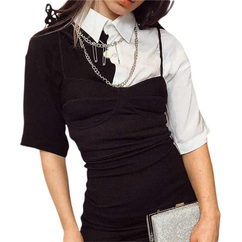 Top corto casual da donna con bottoni patchwork Top da donna in bianco e nero a contrasto sull'ombelico Y0629