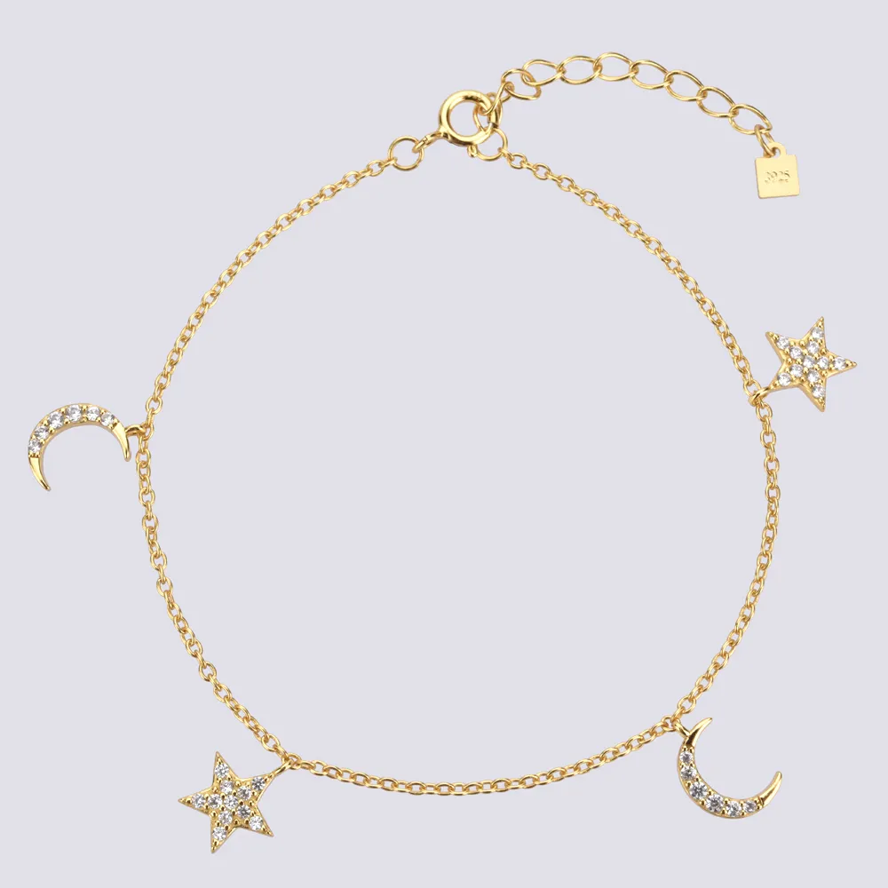 ANDYWEN 2020 925 Sterling Silver Star Moon Charm Bracelet Chain Women Fashion Luxury Crystal Party Jewelry