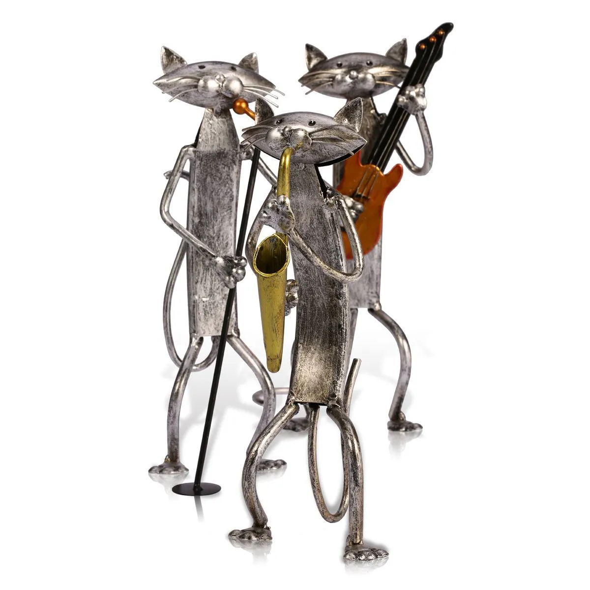 Tooarts Figurina di metallo pop A Suonare la chitarra Sassofono Cantare Gatto Figurine Manufatti l'arredamento Regalo artigianale la decorazione domestica C0220