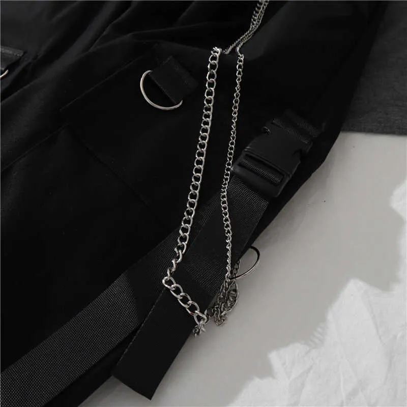 Gothic Frauen Schwarz Cargo Hosen Harajuku Punk Kette Hosen Weibliche Hip Hop Mall Goth Streetwear Techwear Egirl Grunge Capris Q0801