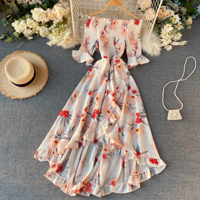 Kvinnor Trumpet Klänningar Sommar Sexig Av Skulder Slim Prom-Dress Elegant Dam Floral Print Ruffles Long Robe Vestidos Mujer 210525