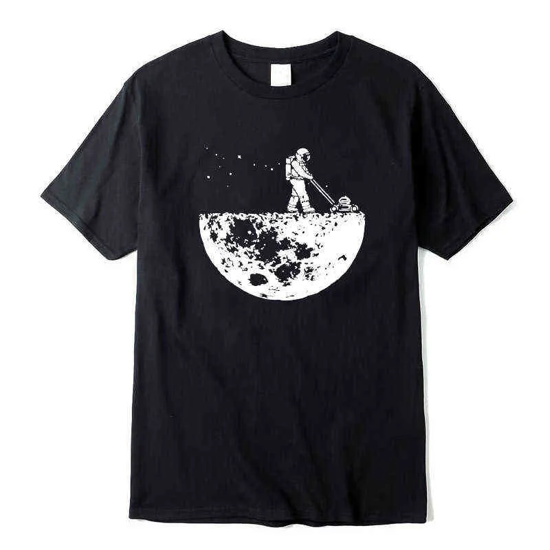 2021 Komik Baskı T-Shirt Astronot Ay Desen Streetwear Erkek Kadın Moda Saf Pamuk T Gömlek Highquality Tees Tops Giyim Y220214