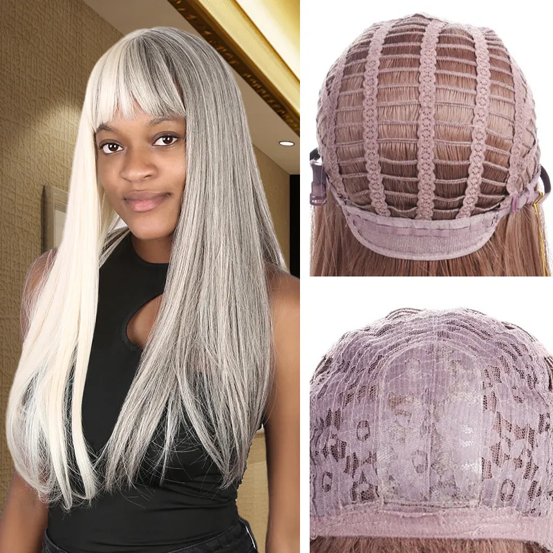 24 tum gråaktig-vit rak syntetisk peruk med bangs simulering mänskliga hår peruker för vita svarta kvinnor jc0008x