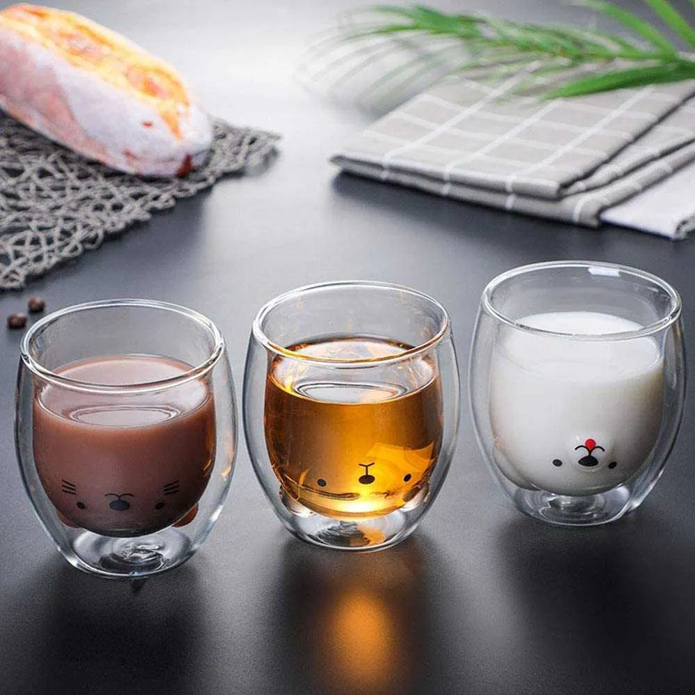Кружки с милым медведем, изолированные стеклянные чашки с двойными стенками, молочный сок, шоколадный капучино, домашний299A6005480