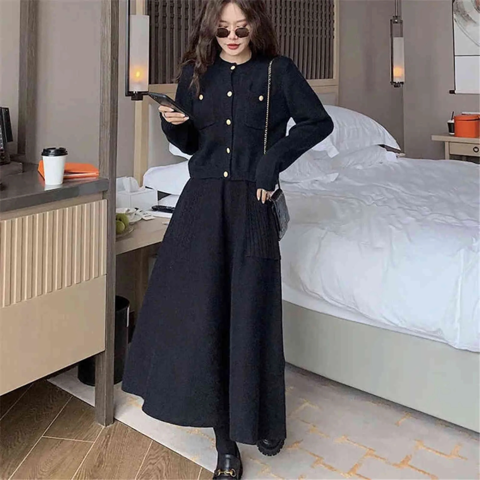 Taille haute femmes hiver laine tricot jupes longues Faldas Jupe Femme Saia coréen bureau dames Vintage jupe noire avec poche 211120