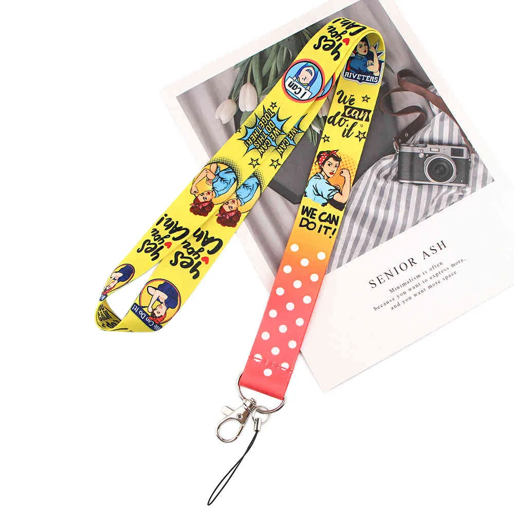 10st / parti J1603 Tecknade kvinnor Vi kan göra det DIY Nyckelringar Tillbehör Mobiltelefon USB ID Hållare Key Strap Neck Lanyard