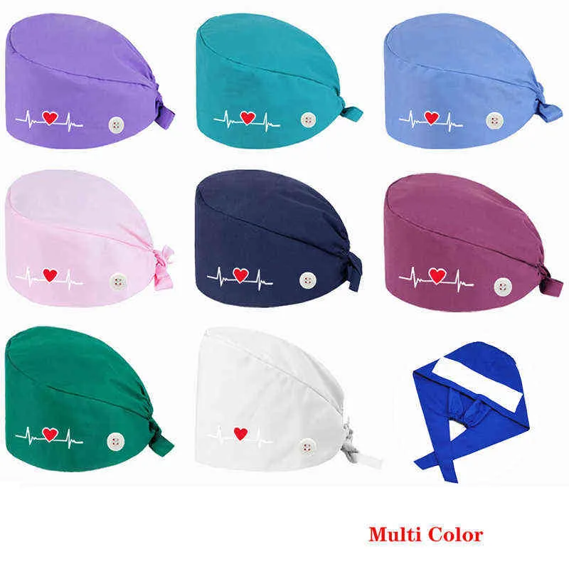 Bordado en forma de corazón Gorro de enfermera Gorro quirúrgico Algodón puro Moda Multicolor Trabajo Tapa antipolvo Ajustable Unisex Vendaje Pañuelo Y21111