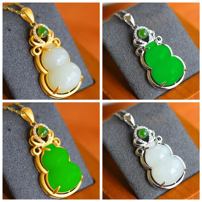 Natürliche Grüne Hetian Jade Kürbis Anhänger Silber Halskette Chinesischen Geschnitzten Charme Schmuck Mode Amulett Für Frauen Glück Geschenke9374743