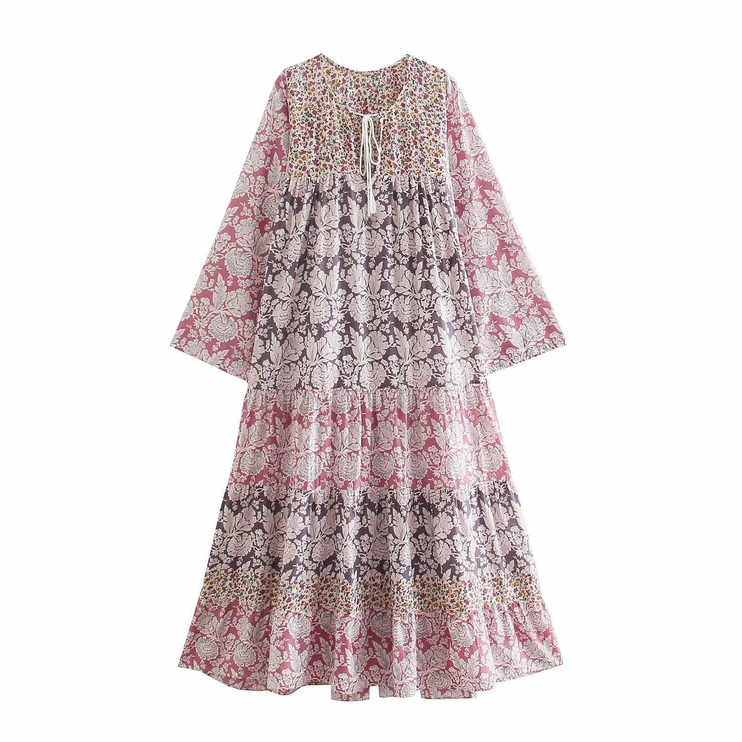 Vestido de verão mulheres mangas compridas elegante moda casual chique senhora retalhos boho vestido mulher maxi vestidos robe femme 210709