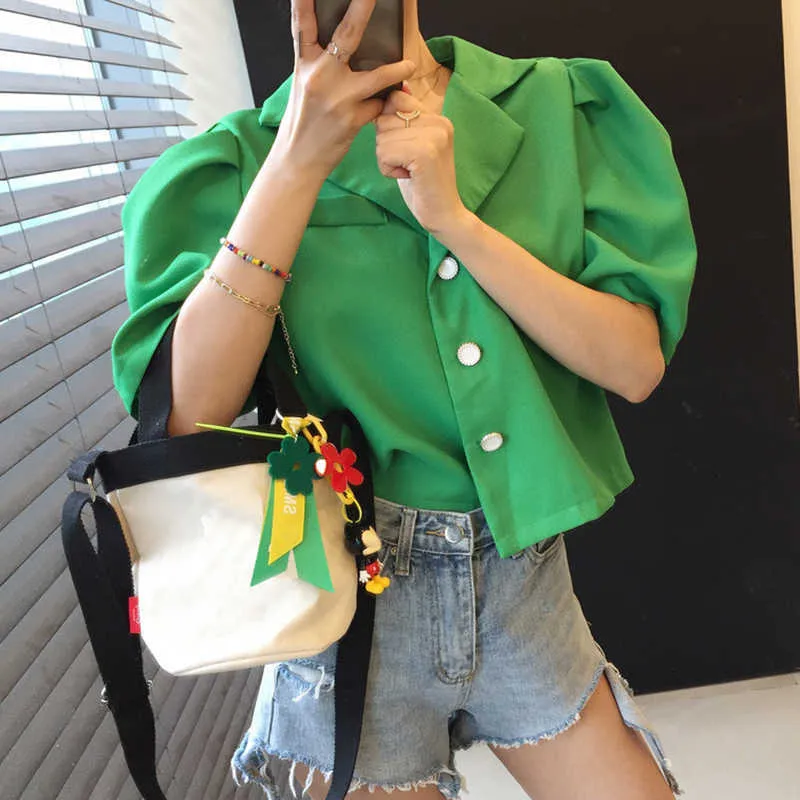 Korejpaa Women Shirt Summer Korean Chic Girls Sweet Retro Gentle Lapel Three Buttons Loose Short Puff Sleeves Blouses 210526