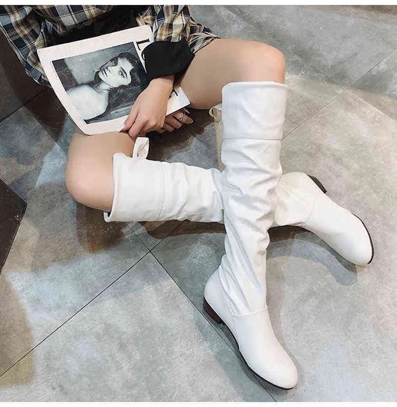 Woman Knee High Boots Red Black White Tall Boots Woman Pleated Low Heel Casual Leather Autunm Winter Female Long Shoe Women New H1116