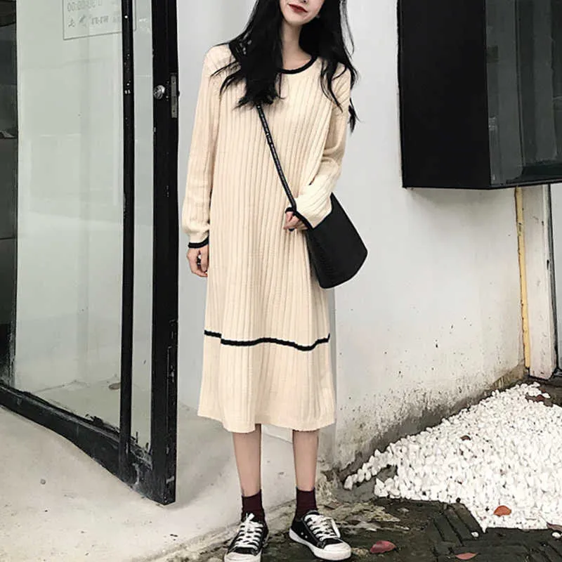 Kanske du Kvinnor Tröja O Neck Beige Black Pullovers Långärmad Casual Vinterlös Lång Midi Dress D0846 210529