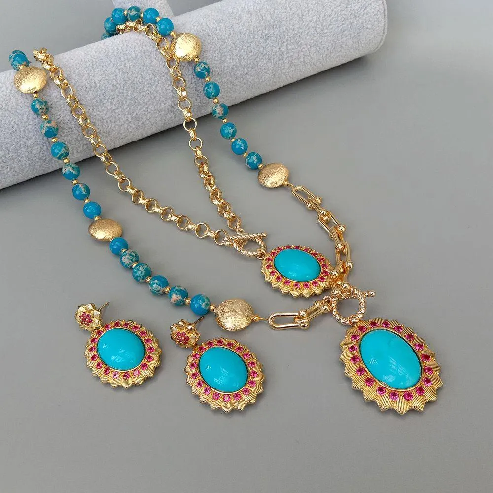 YYGEM CZ Pave Blue Sea Sesiment Jasper Turquoiseペンダントチェーンステートメントネックレスイヤリングセット18 